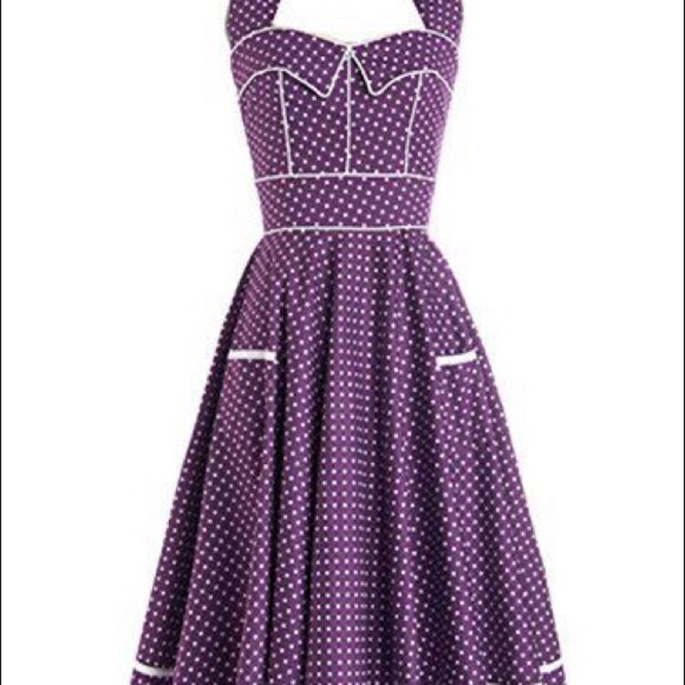 Purple and white polka dot halter dress